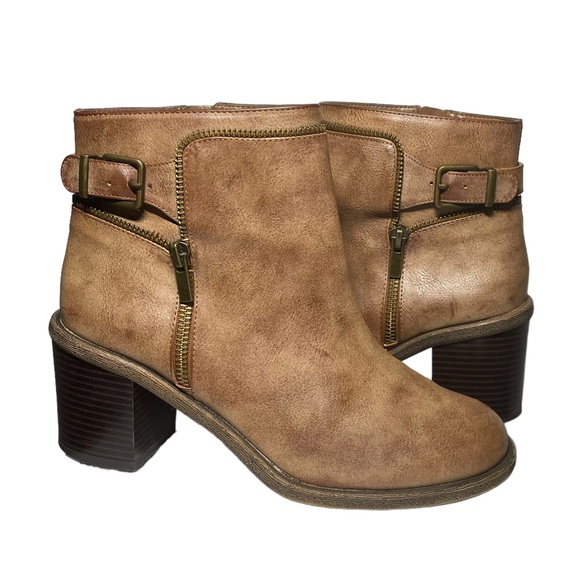 Gianni Bini Brown Ankle Boots Women Sz 9.5M 2 Sided Zip Buckle Belt Ankle Shoes - Picture 12 of 13